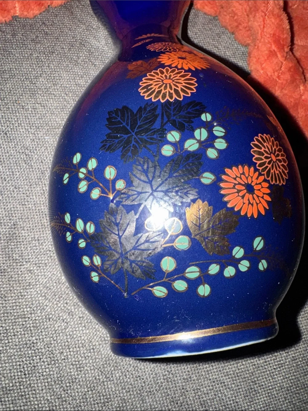Vintage Cobalt Blue Ceramic Bud Vase with Gold Trim & Chrysanthemum Floral Motif